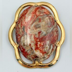 Vintage Rosetta Jasper Brooch Pin With Gold Tone Setting